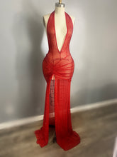 Load image into Gallery viewer, Tokyo See Through Red Crystal Asymmetrical Halter Dress