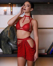 Load image into Gallery viewer, Metallic Crystal Encrusted Asymmetrical Red Chainmail Two Piece Look