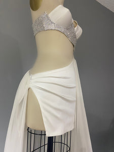 White Silk Satin And Chiffon Rhinestone Top Asymmetrical Dress