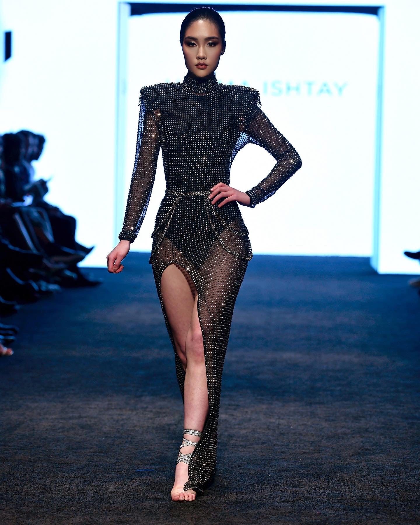 Long Sleeve High Slit Black Mesh Silver Rhinestone Dress Long Sleeve High Slit Black Mesh Silver Rhinestone Dress