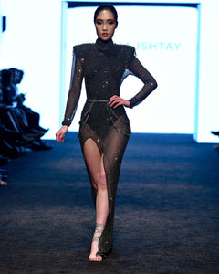runway dress rhinestone Rhinestone Runway Midi Dress