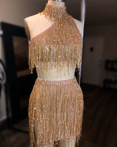 Cosmic Asymmetrical Fringe Peach And Gold Two Piece Look
