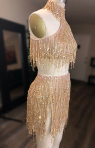 Cosmic Asymmetrical Fringe Peach And Gold Two Piece Look