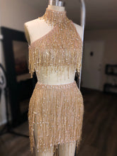 Load image into Gallery viewer, Cosmic Asymmetrical Fringe Peach And Gold Two Piece Look