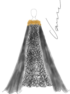 Navy blue leafs cape dress