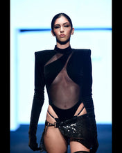 Load image into Gallery viewer, Black Metallic Patent Chainmail skirt with Bodysuit and Warmers