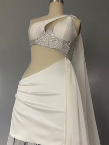 White Silk Satin And Chiffon Rhinestone Top Asymmetrical Dress