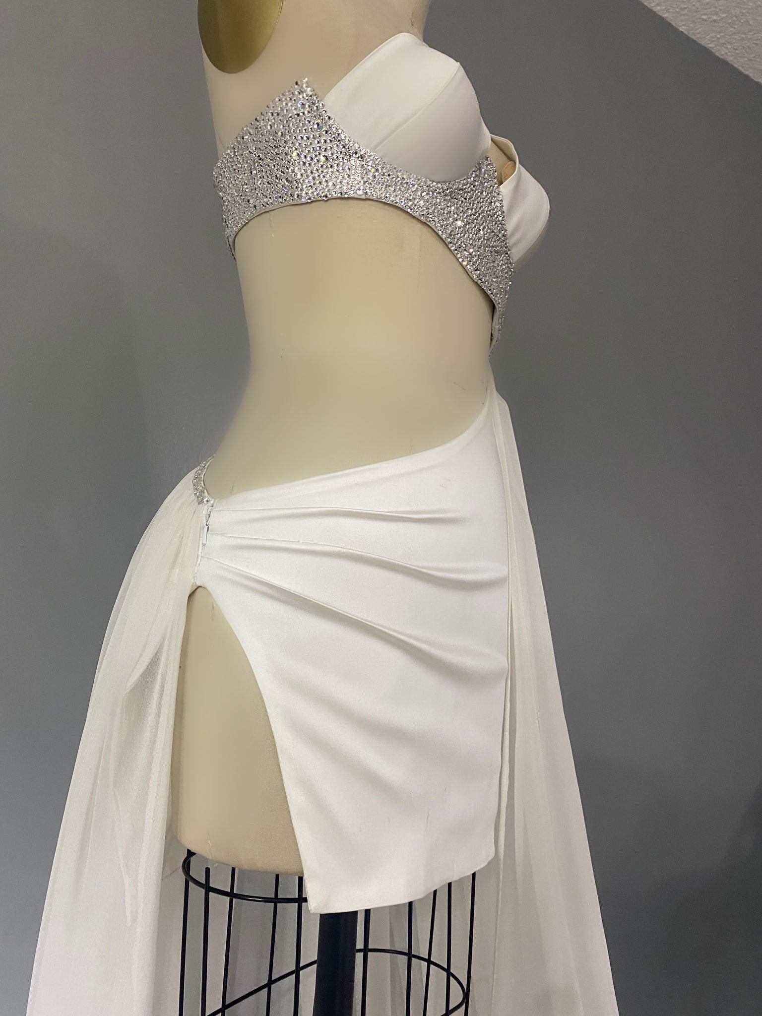 White Silk Satin And Chiffon Rhinestone Top Asymmetrical Dress White Silk Satin And Chiffon Rhinestone Top Asymmetrical Dress